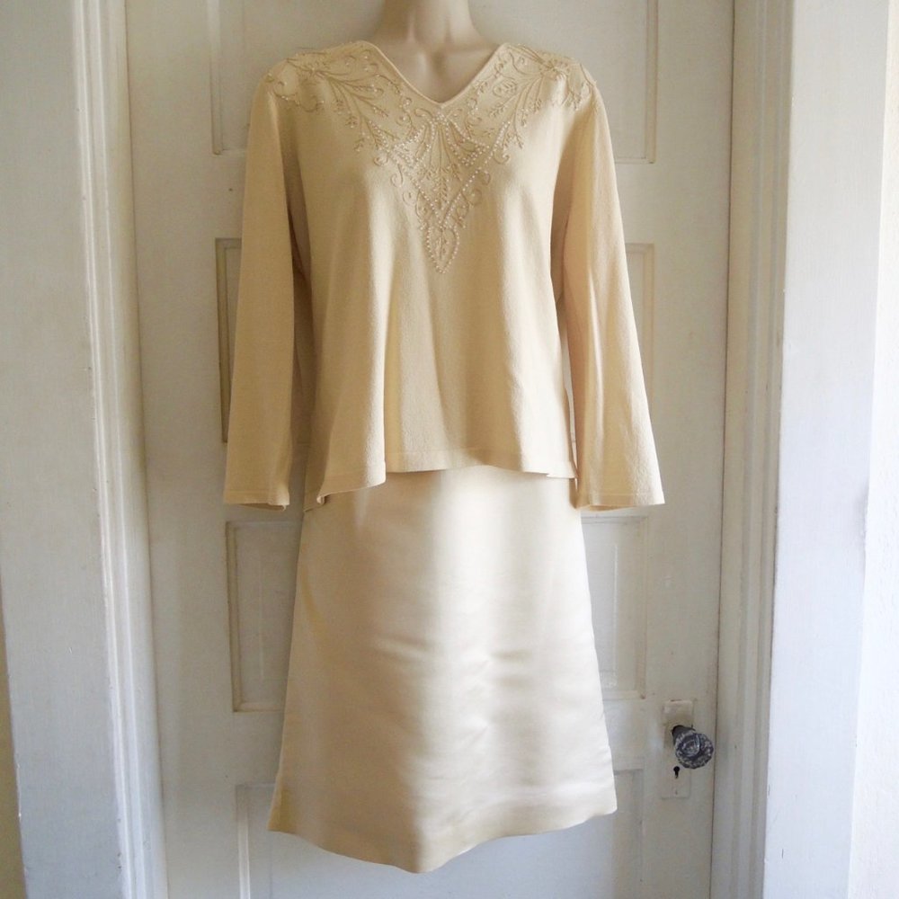Jones NY Gold Beaded Embroidered Top & 100% Silk Skirt 2pc Set L